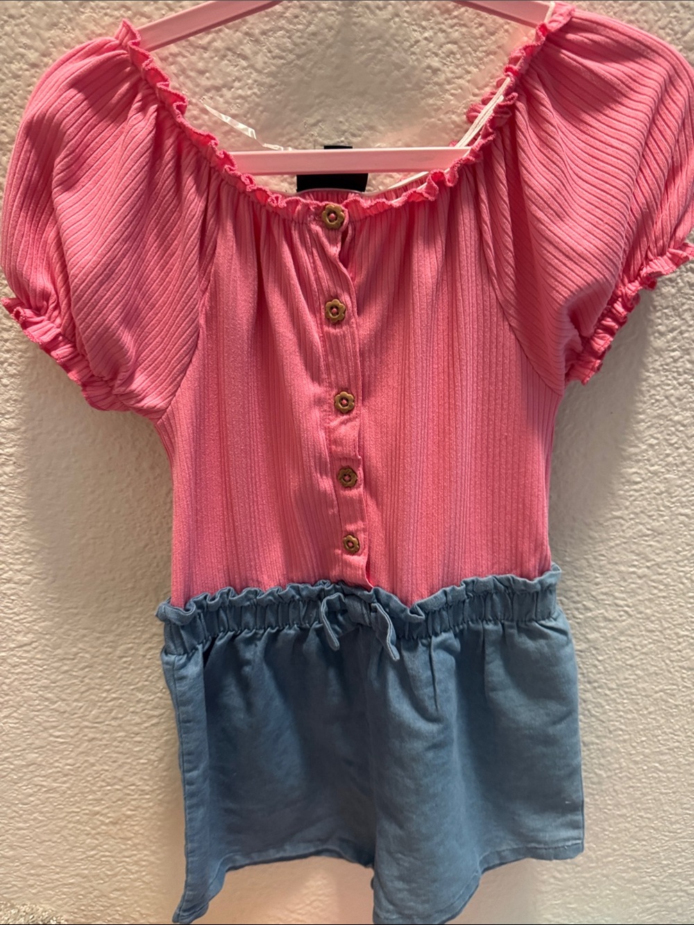 Girls Pink and Blue Two-Tone Puff Sleeve One-Piece